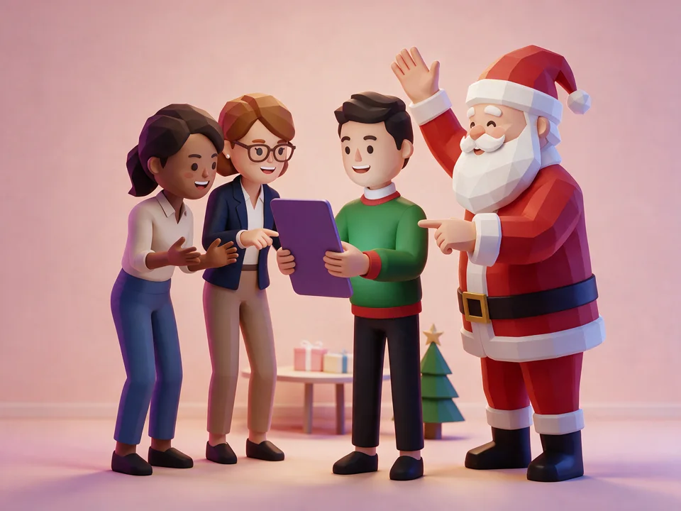 Illustration du Père Noël et de trois collaborateurs participant à un défi de Noël en intérieur avec une tablette en portrait