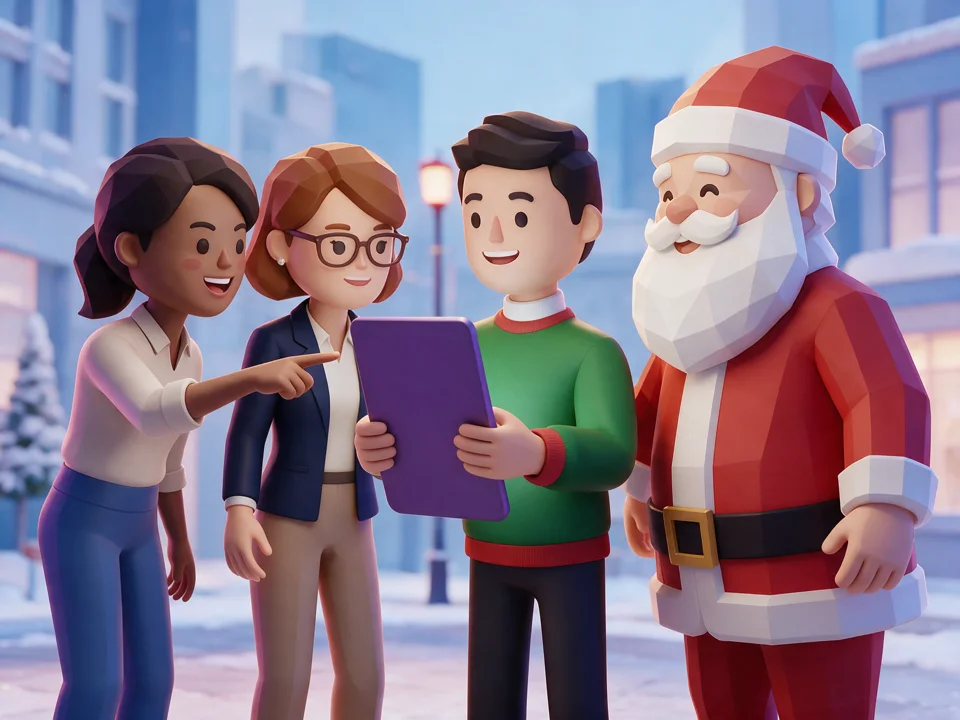 Illustration du Père Noël et de trois collaborateurs partageant une tablette lors d'un défi festif en ville