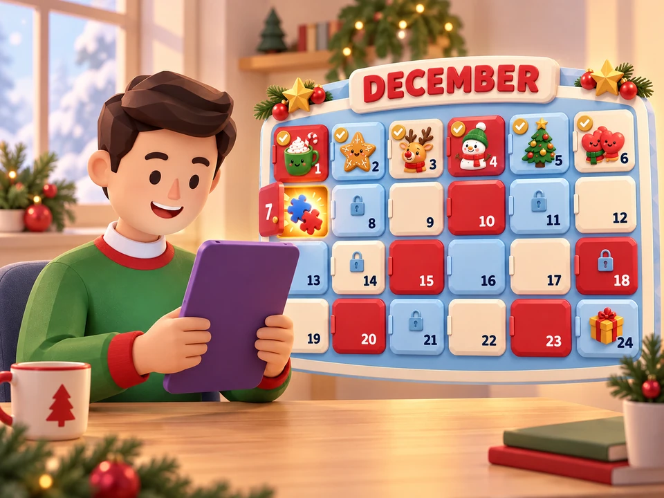 Illustration d'Albert jouant à un défi quotidien de l'Avent sur une tablette en portrait à côté d'un calendrier festif