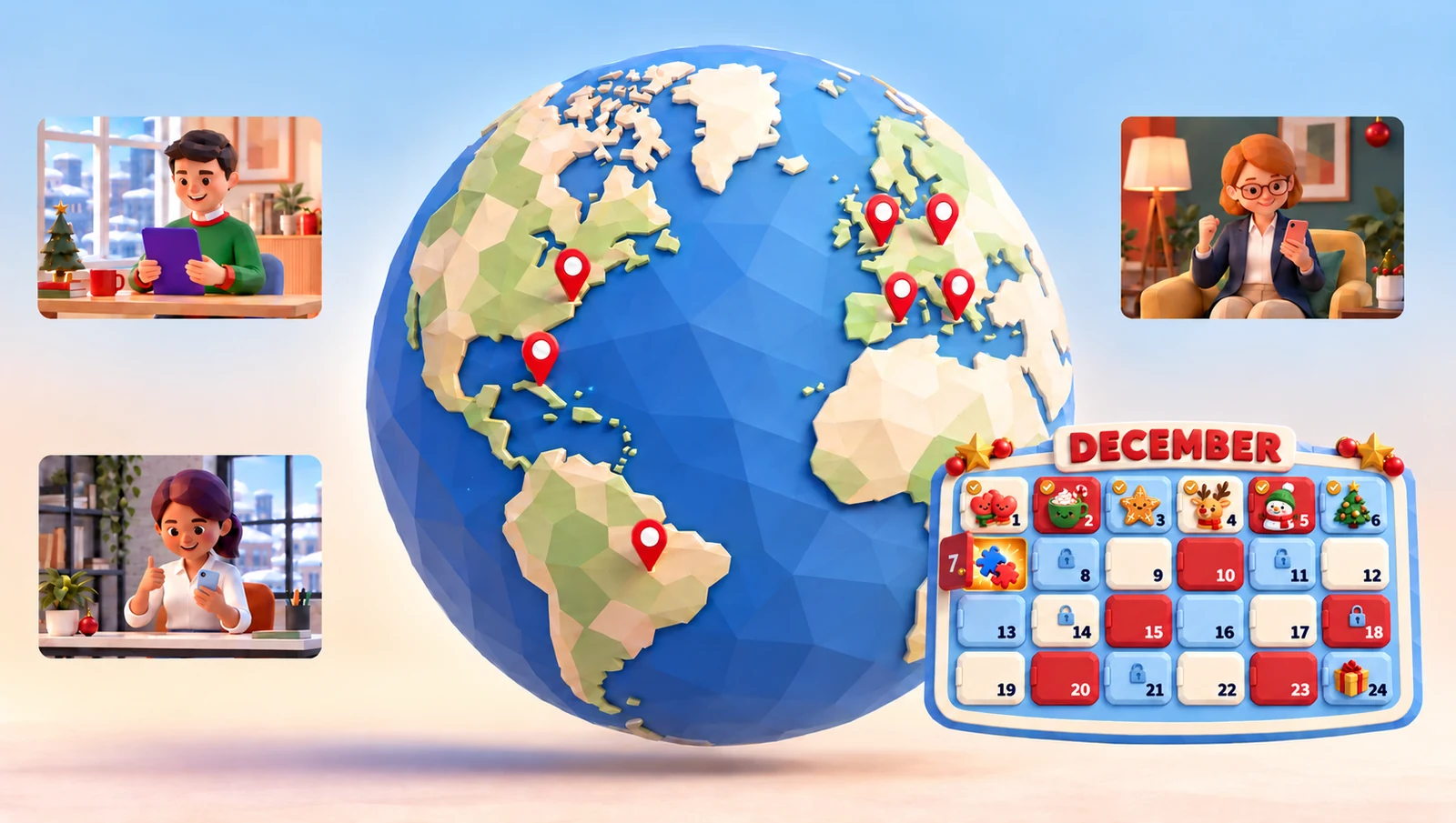 Illustration de collaborateurs utilisant une tablette et des smartphones dans différentes pièces, connectés autour d'un globe et d'un calendrier de décembre festif