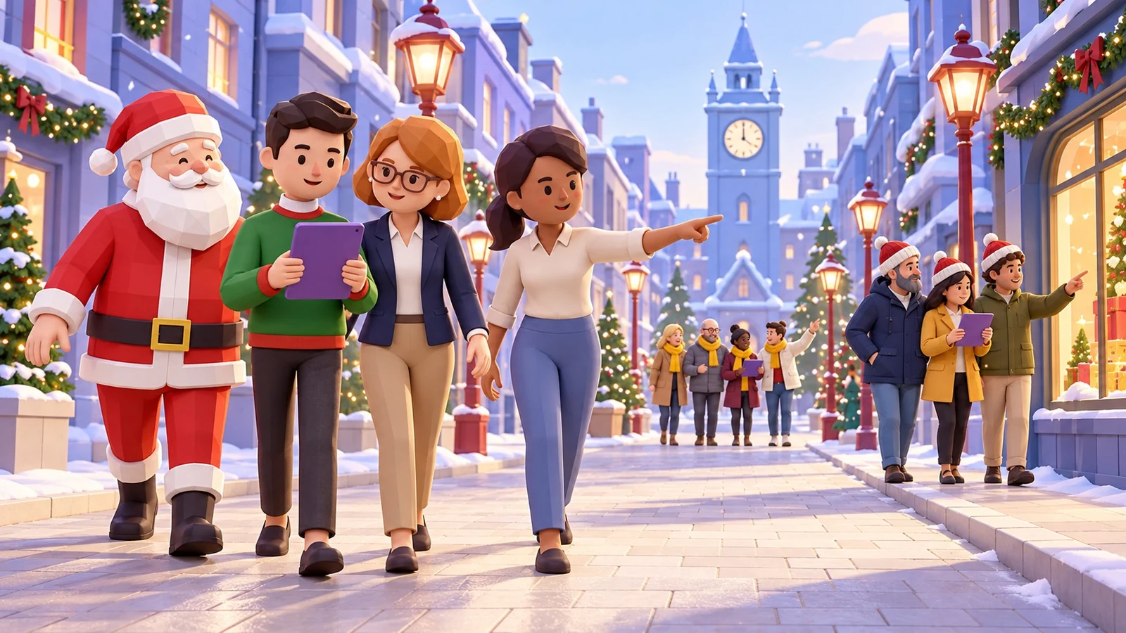 Illustration de trois équipes suivant des indices dans une ville festive, chacune partageant une tablette au format portrait