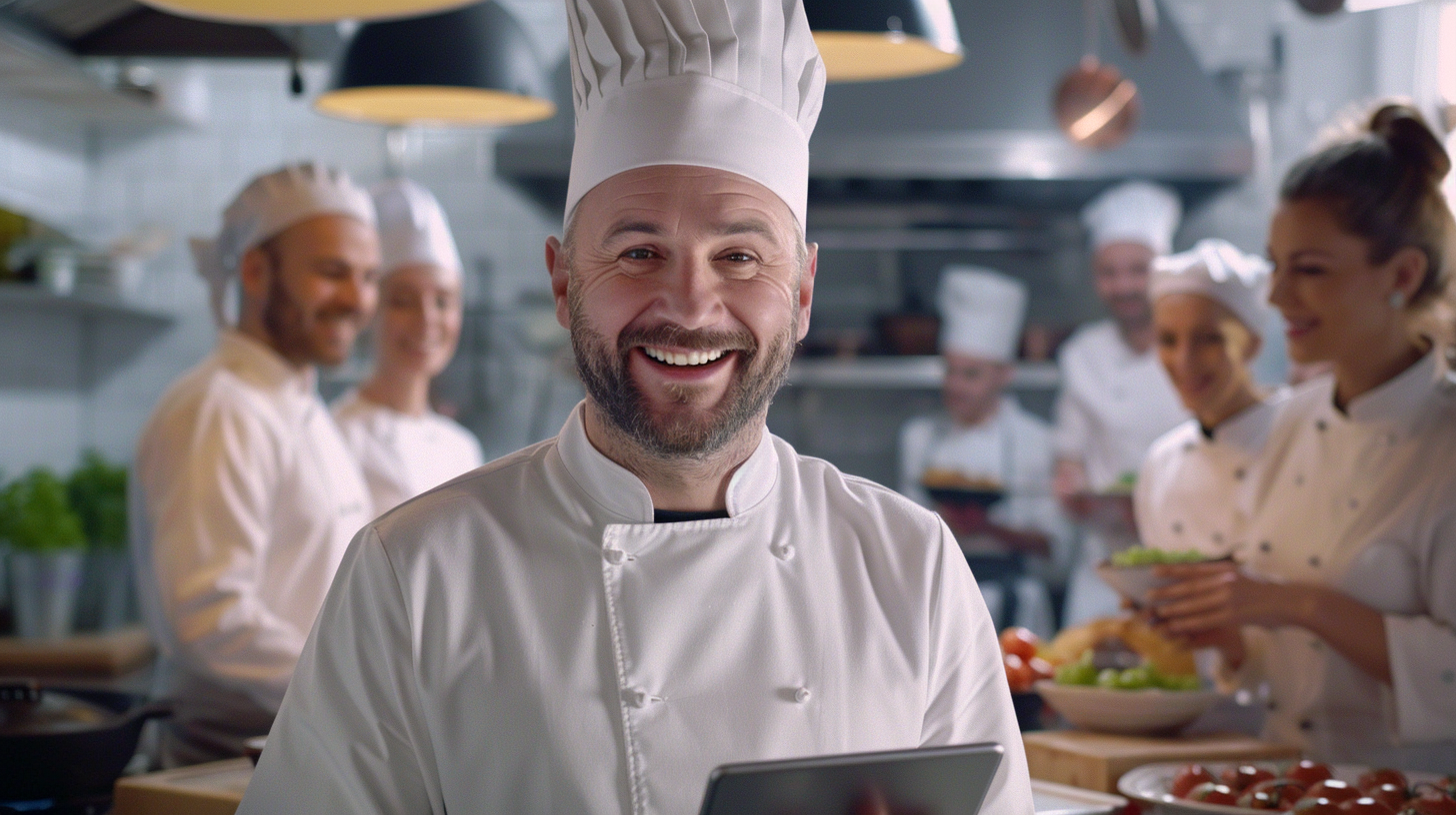 This image features a joyful chef smiling broadly as he interacts with a digital device, likely managing a cooking competition. In the background, his team, dressed in chef whites, is busy preparing dishes, embodying a vibrant kitchen environment. This scene captures the essence of team collaboration and the integration of technology in a culinary setting, highlighting the chef's leadership and the team's engagement in a spirited cooking challenge.