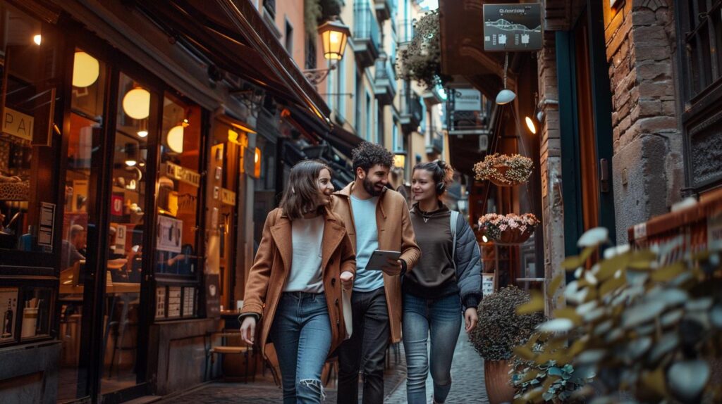 Three friends participating in an urban scavenger hunt, exploring a charming narrow street lined with shops and cafes. They are engaged in lively conversation, with one person holding a tablet, possibly using it to navigate or solve clues. The scene captures a moment of camaraderie and adventure in an atmospheric European alley.