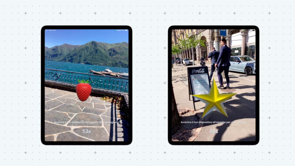 Two images displayed on tablets showcasing the use of augmented reality in scavenger hunts. The first image features a virtual strawberry overlaid on a scenic lakeside pathway, enhancing the natural setting with digital interaction. The second image shows a virtual star placed near a busy urban street, demonstrating how AR elements are integrated into real-world environments to create engaging and interactive experiences for participants.