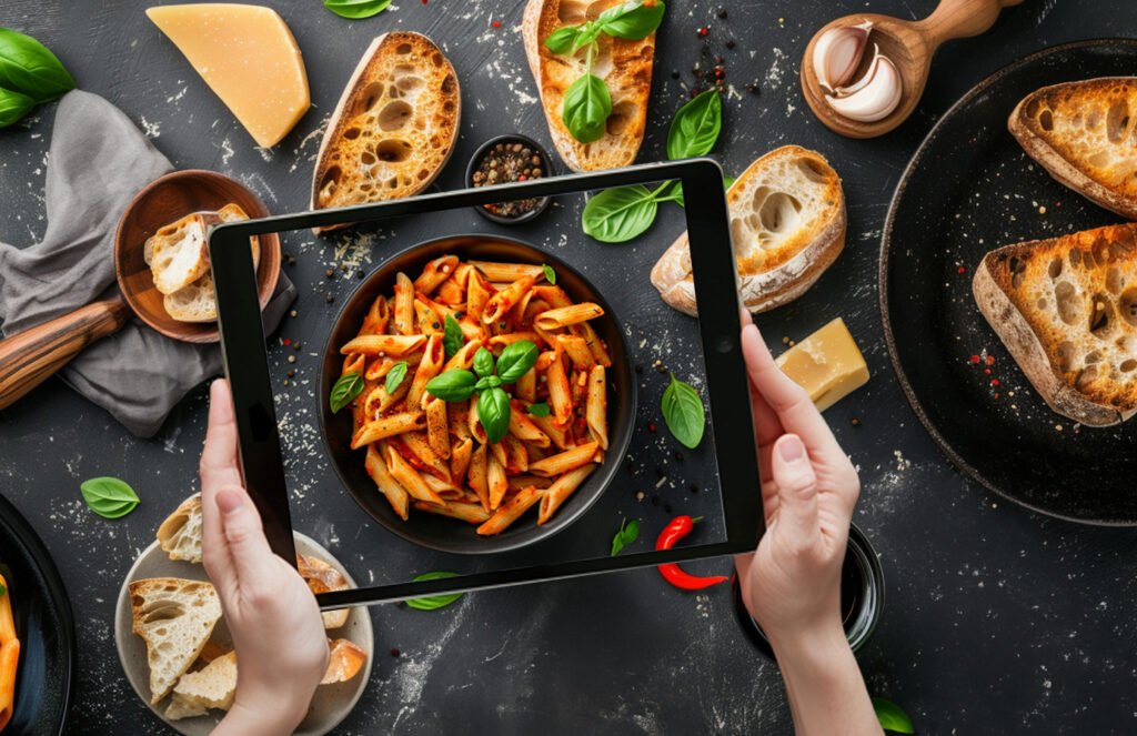 A creative representation of Italian cuisine through a tablet screen showing a vivid image of penne pasta with tomato sauce and basil, contrasted against an actual backdrop of rustic bread, cheese, and spices. The tablet seemingly captures and enhances the elements of the dish, illustrating a blend of virtual and real culinary experiences.