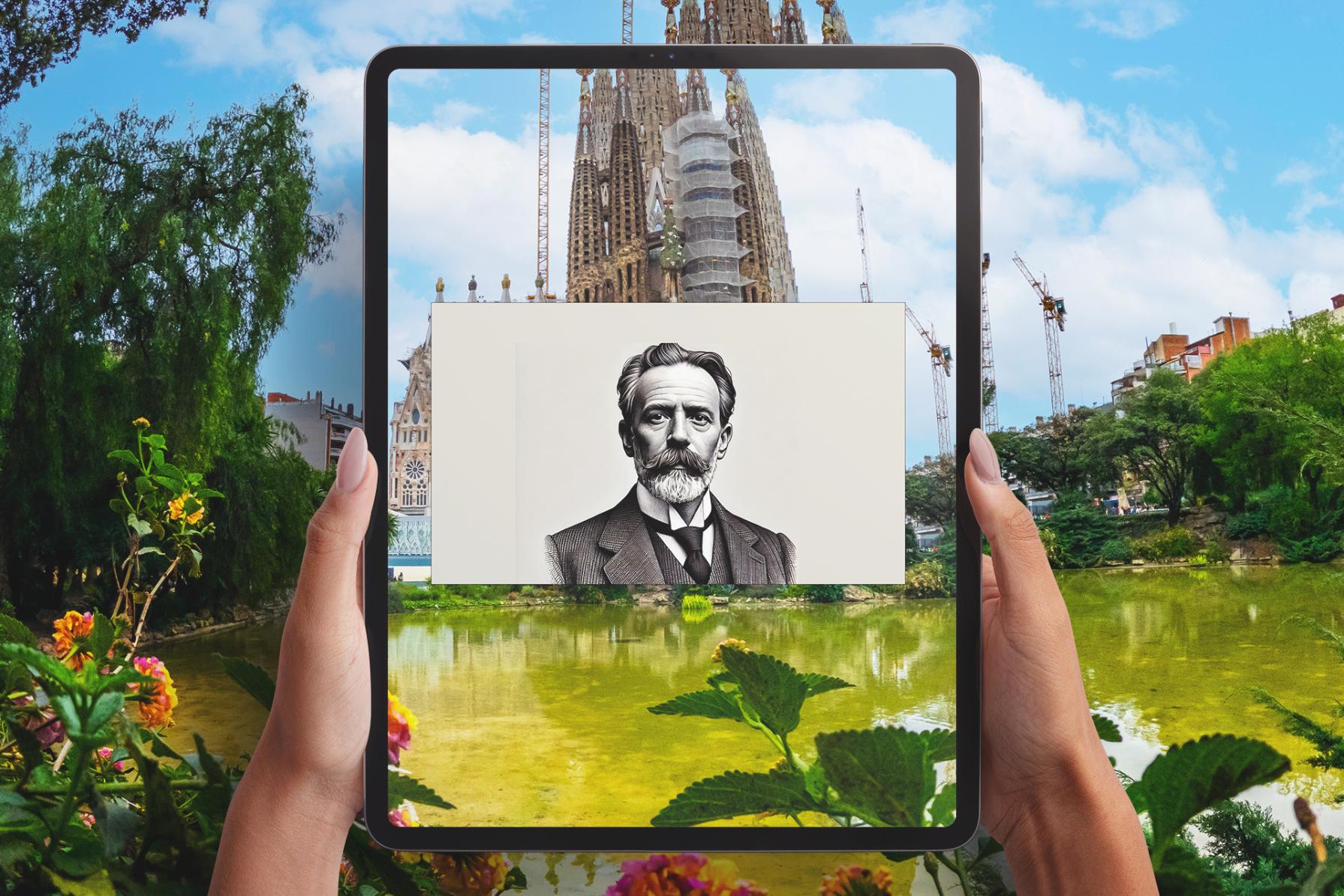 An image of a person holding a tablet in front of the Sagrada Família in Barcelona. The tablet screen displays a black-and-white illustration of Antoni Gaudí, the famous architect, in a chest-up view. The illustration is superimposed over the real-world view of the iconic basilica, blending digital and physical elements in the scene.