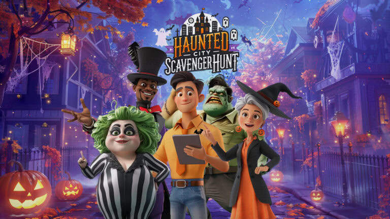 A group of five animated characters dressed in Halloween costumes stands in front of a spooky, Halloween-decorated street with jack-o'-lanterns and eerie decorations. The characters are participating in the 'Haunted City Scavenger Hunt' event, holding a tablet, with the logo displayed above them in a playful Halloween theme.