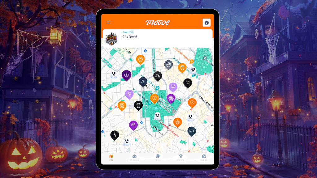 A tablet screen showing the Mooveteam app's map interface, displaying various checkpoints for a Halloween scavenger hunt, overlaid on a spooky, Halloween-decorated street scene with jack-o'-lanterns and eerie lights.