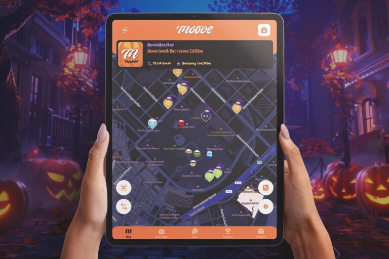 A tablet displaying the MooveXR Halloween skin interface, featuring a map view with Halloween-themed icons and challenges. The background showcases a spooky, lantern-lit street with glowing jack-o'-lanterns, creating a festive Halloween atmosphere.