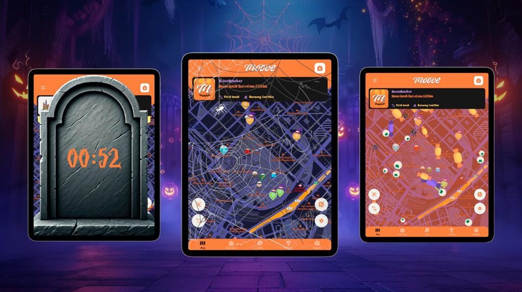 Three tablets showcasing the MooveXR Halloween skin interface, featuring a gravestone countdown timer, a spider web-covered map, and a Halloween-themed map view with spooky icons. The background includes a dark, eerie setting with jack-o'-lanterns and spider webs, adding to the festive Halloween atmosphere.