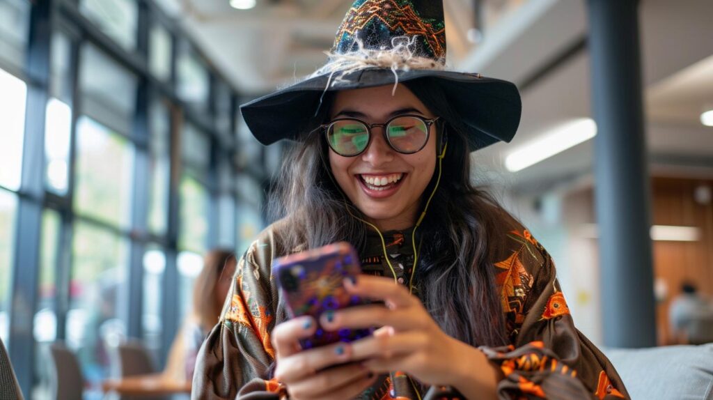 Smiling woman wearing a Halloween witch hat and glasses, looking at her phone with excitement. She appears to be engaged in a fun activity, possibly participating in a virtual Halloween event or team-building game, with a bright, indoor setting in the background.