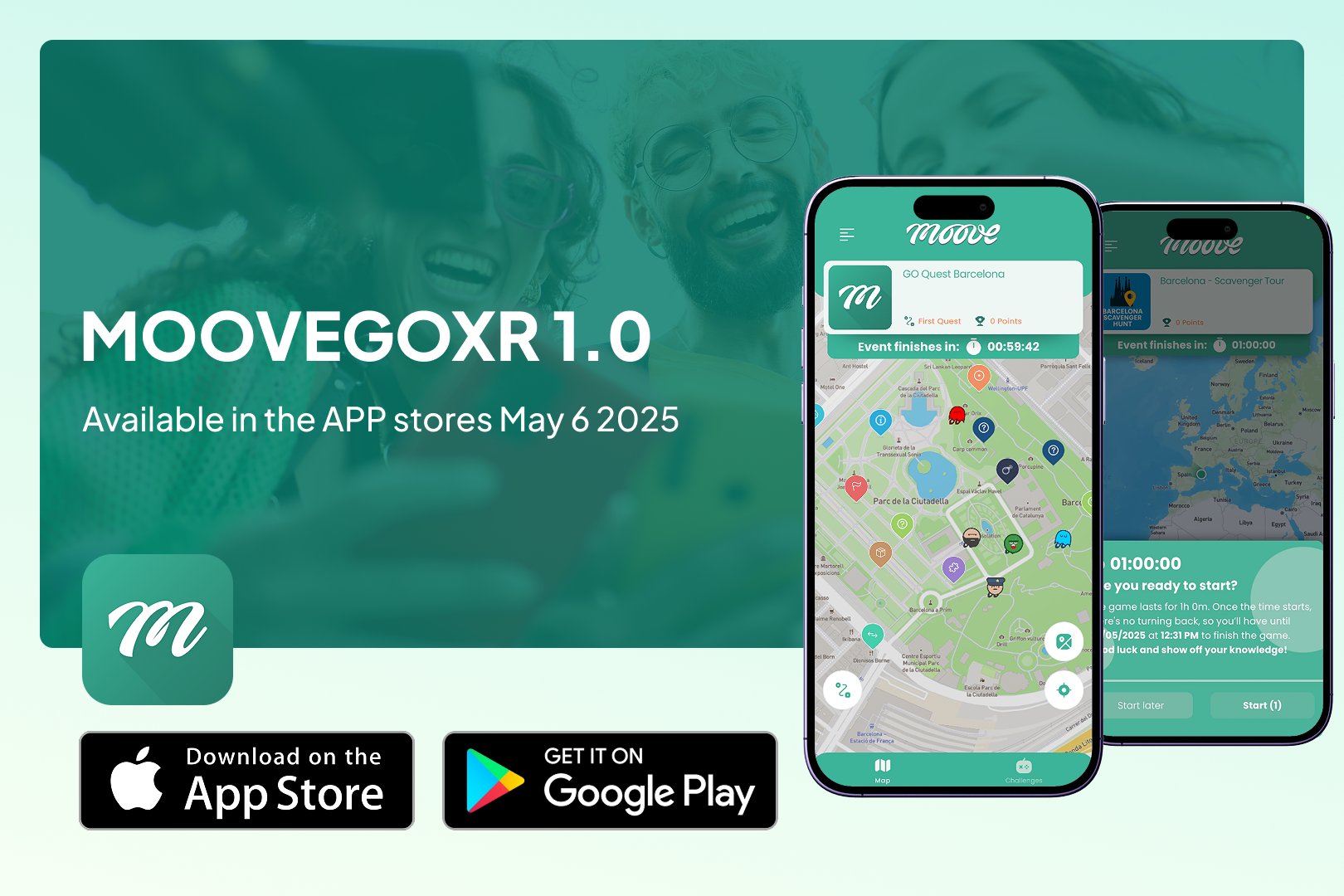 new moovegoXR lauching banner with the new interface and banner for the app stores