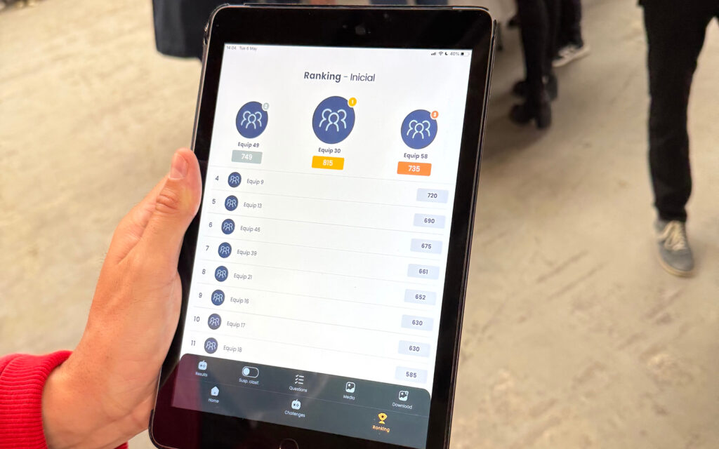 Una mano sostiene una tablet en la que se muestra la pantalla de ‘Ranking – Inicial’. Se ven los iconos de los tres primeros equipos (Equip 30, Equip 49 y Equip 58) con sus puntuaciones destacadas (815, 749 y 735). Debajo, aparece la lista de equipos del 4 al 11 con sus puntos respectivos (720, 690, 675, 661, 652, 630 y 585). Al fondo, se adivinan piernas de otros participantes caminando sobre el suelo de hormigón.