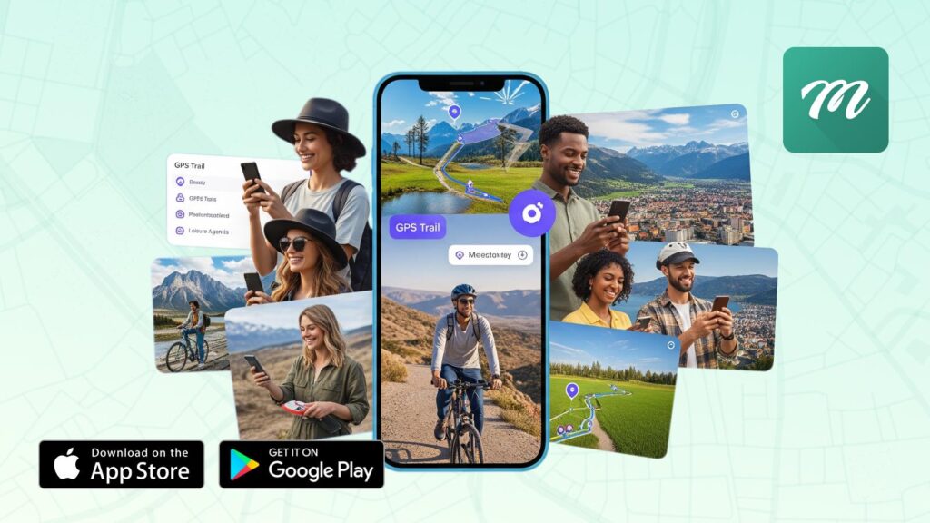 People exploring outdoor locations using their smartphones with the MooveGOXR app, displaying a GPS trail and points of interest. Includes App Store and Google Play download buttons.