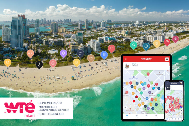 Aerial view of Miami Beach with Mooveteam gamification icons overlaid on the city, promoting WTE Miami 2025. In the foreground, a tablet and smartphone display Mooveteam’s City Quest app. Event details: WTE Miami, September 17–18, 2025, Miami Beach Convention Center, Booths 310 & 410.