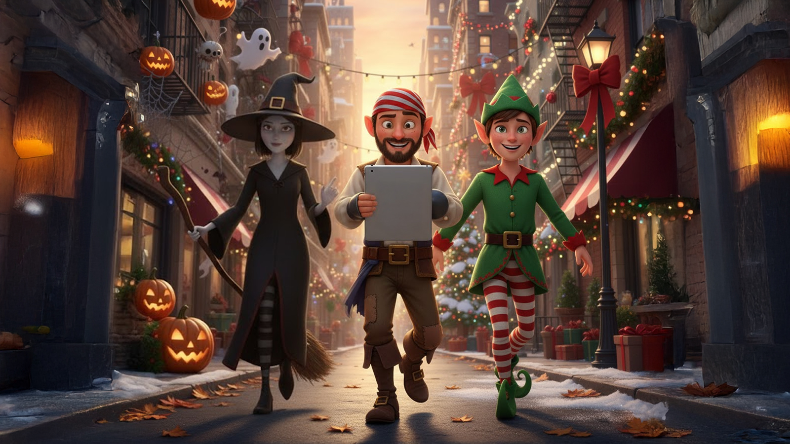 Witch, pirate with tablet, and Christmas elf walking on a street shifting from Halloween to Christmas.