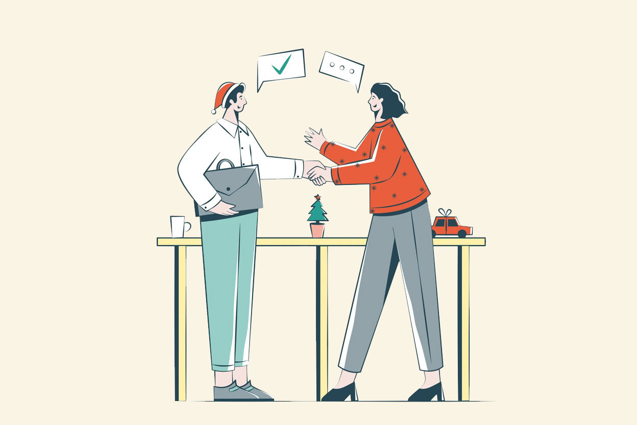 Ilustración que simboliza el apoyo de partners, con dos personas cerrando un acuerdo con un apretón de manos en una oficina decorada para Navidad.