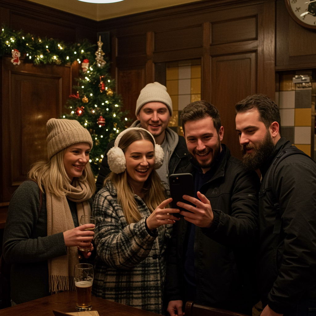 Grupo de compañeros disfrutando de una actividad de team building navideño, riendo juntos mientras usan un smartphone.
