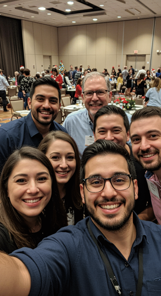 Grupo de compañeros de trabajo sonriendo y tomándose una selfie durante un evento corporativo navideño en un ambiente festivo.