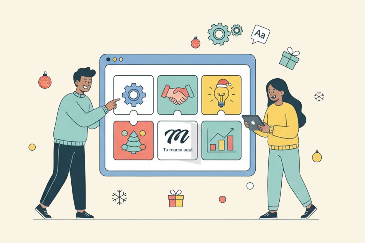 Ilustración que muestra cómo se personaliza un calendario de adviento digital con el logo y los iconos de una empresa.