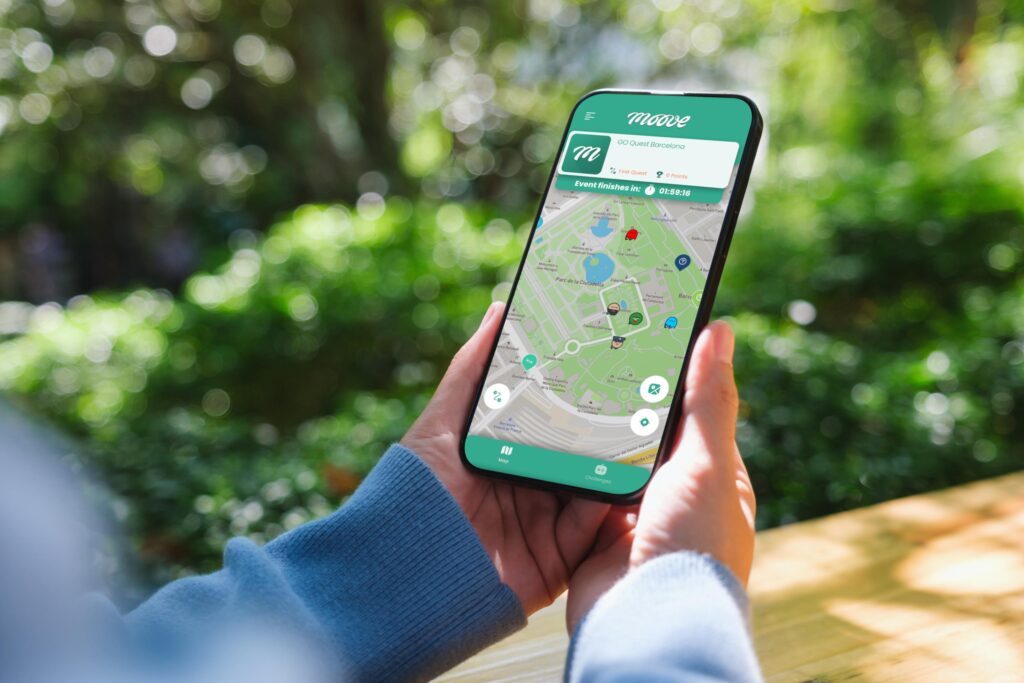 person using mobile app for self-guided scavenger hunt game with GPS map outdoors