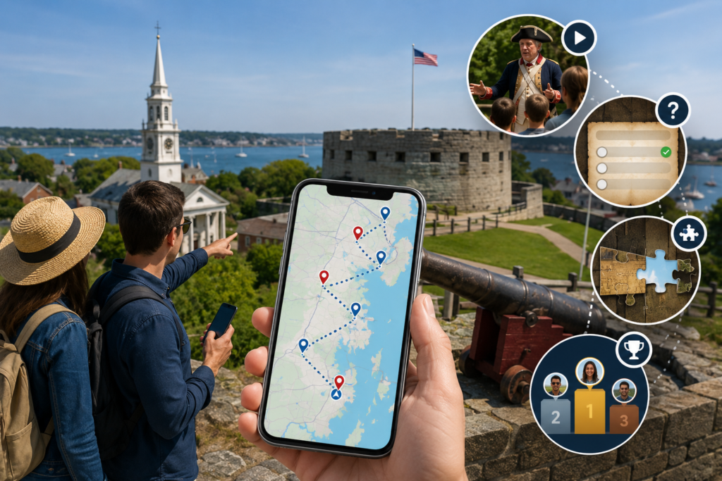 Participants using the RI250 Quest mobile scavenger hunt experience at a historic Rhode Island landmark