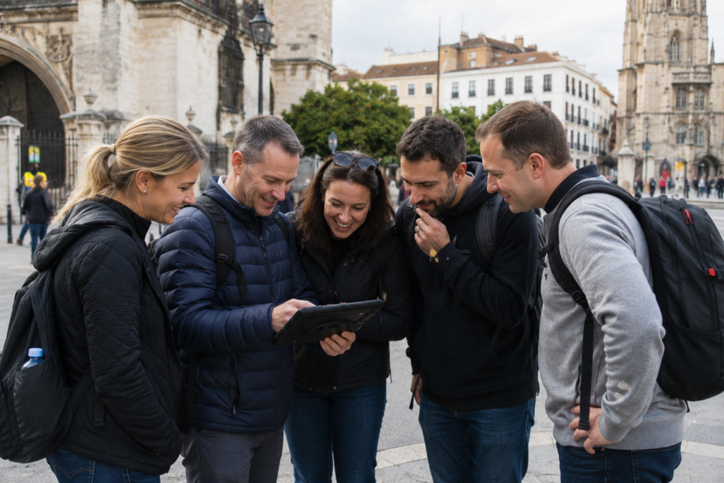 Teams participate in a GPS-based city challenge, walking through a busy urban street while using tablets to navigate, solve location-based missions, and complete interactive team-building tasks. Participants collaborate, explore local landmarks, and compete in a gamified outdoor adventure.