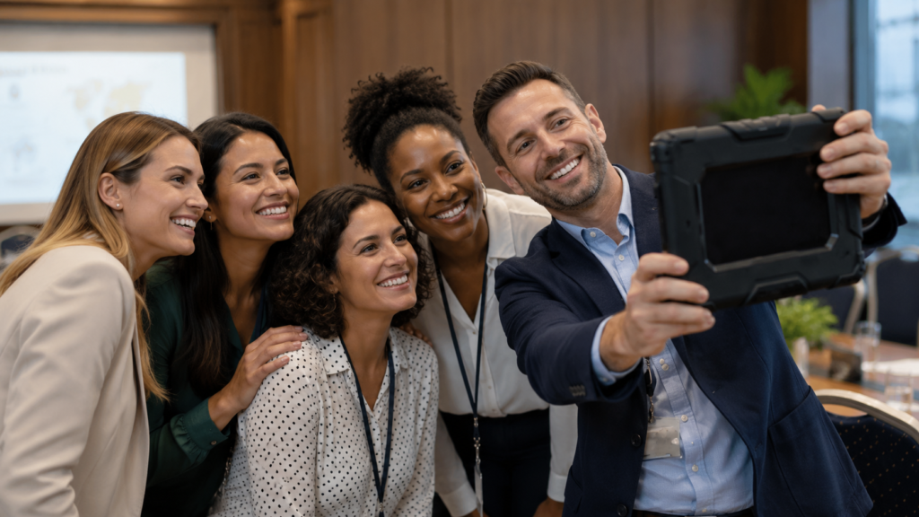 A group of five participants collaborating around a shared tablet for a photo challenge.