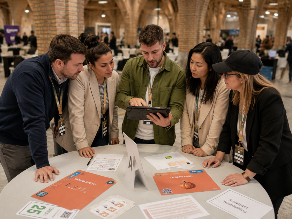 Adults collaborating on a gamified team challenge using a tablet and printed materials.