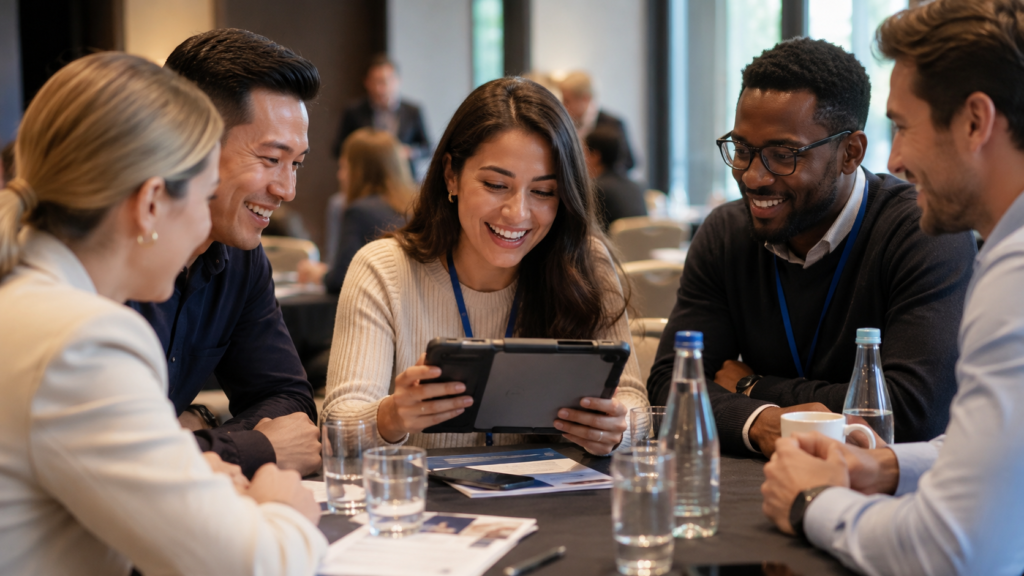 A diverse group of professionals collaborating around a table. A smiling woman in the center holds a tablet in a rugged case, sharing its screen with her team. The setting is an indoor meeting room with natural light. The image conveys engagement and teamwork.