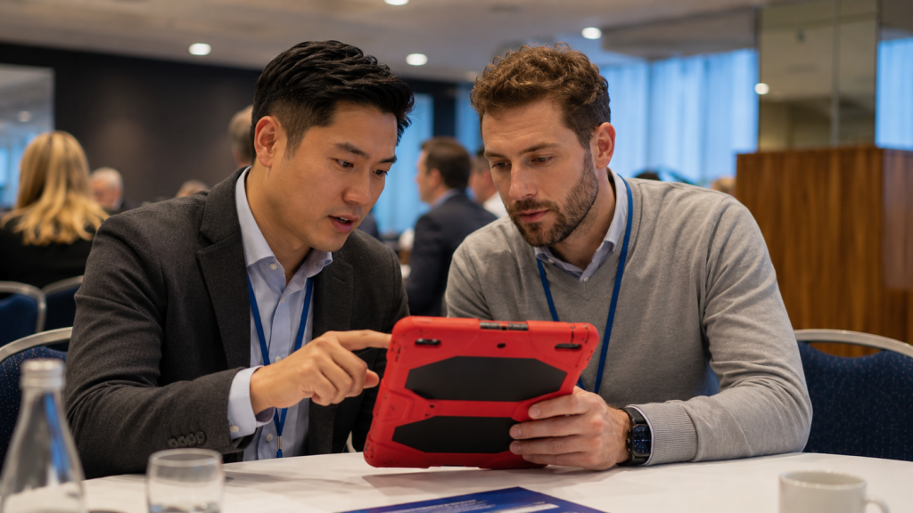 Two participants collaborating with a shared tablet device.
