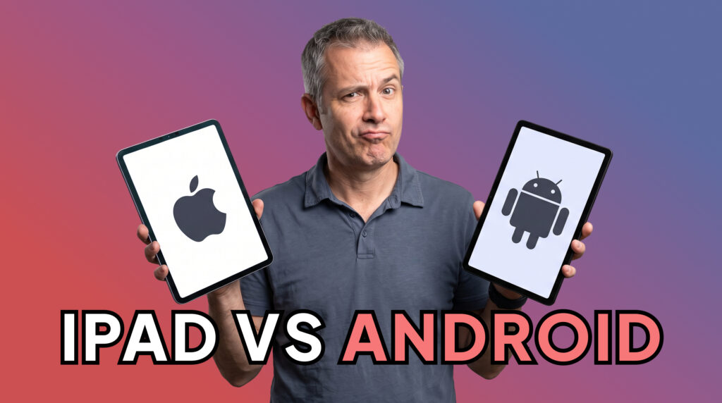 Man comparing an iPad and an Android tablet for team-building events