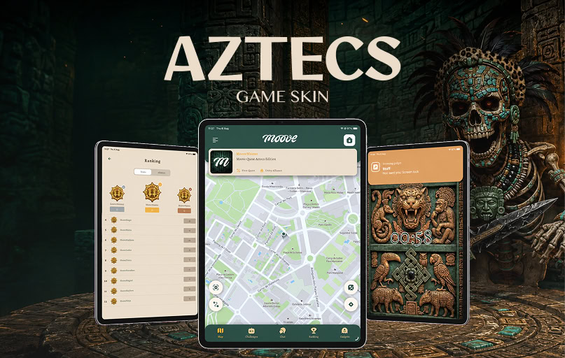 Tema de juego Aztecs de MooveXR mostrado en tres dispositivos móviles.