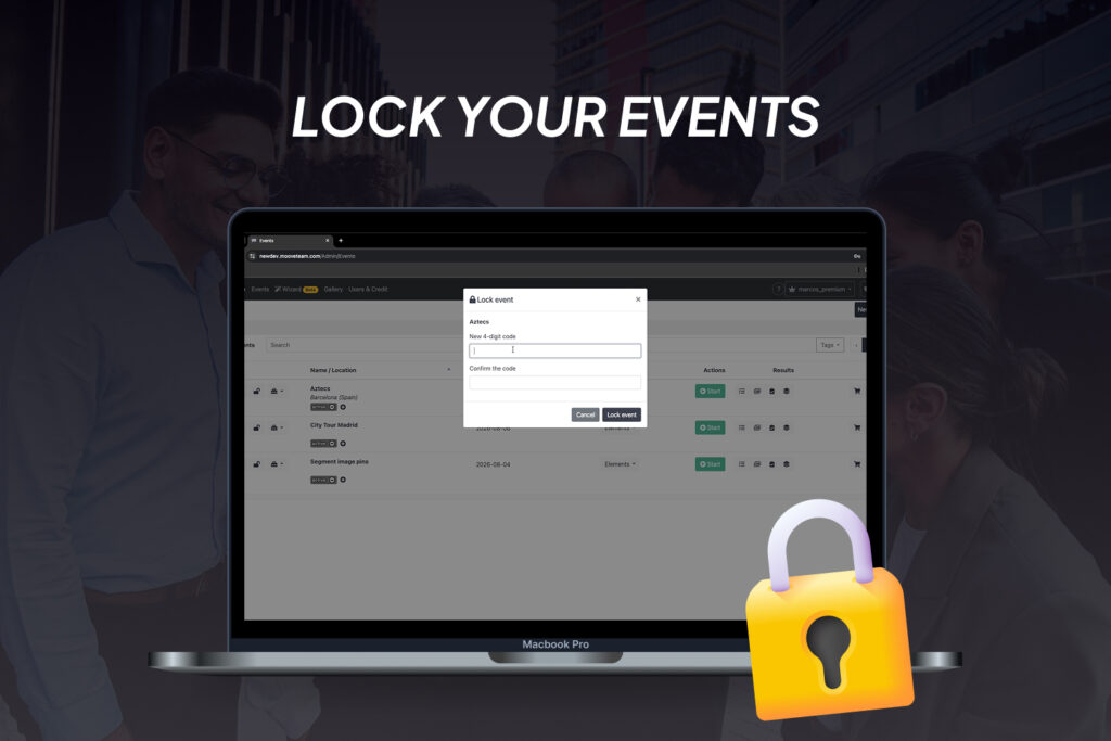 Pantalla de bloqueo de eventos del back office de MooveXR con un código de seguridad de cuatro dígitos.