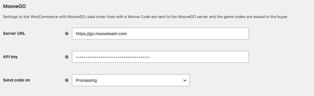 MooveGO for WooCommerce API key setup with production server and Processing selected