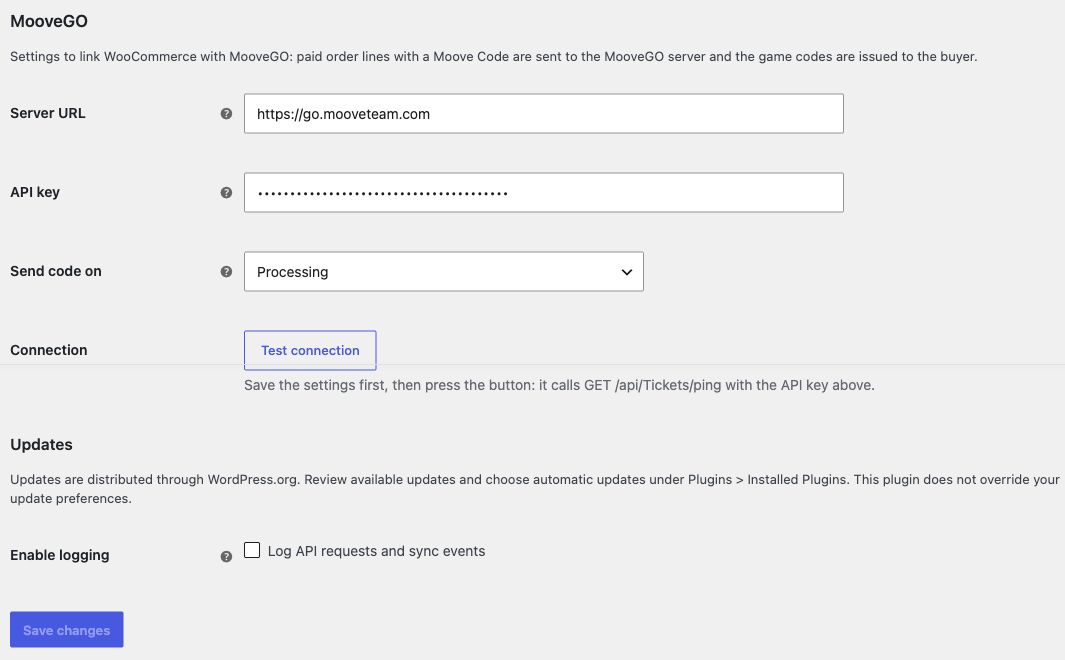 MooveGO WooCommerce settings with server URL, hidden API key and Save changes button