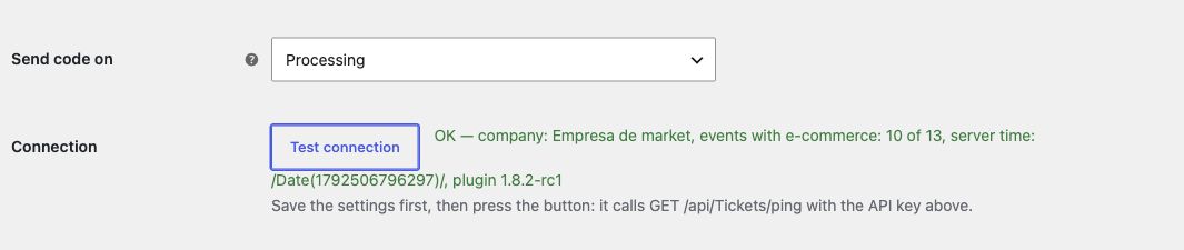 Successful MooveGO API connection showing the company and available e-commerce events